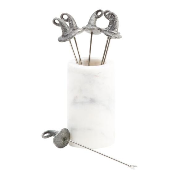 Set of 6 Halloween Witch Hat Cocktail Picks And White Marble Holder NEW - Picture 1 of 6